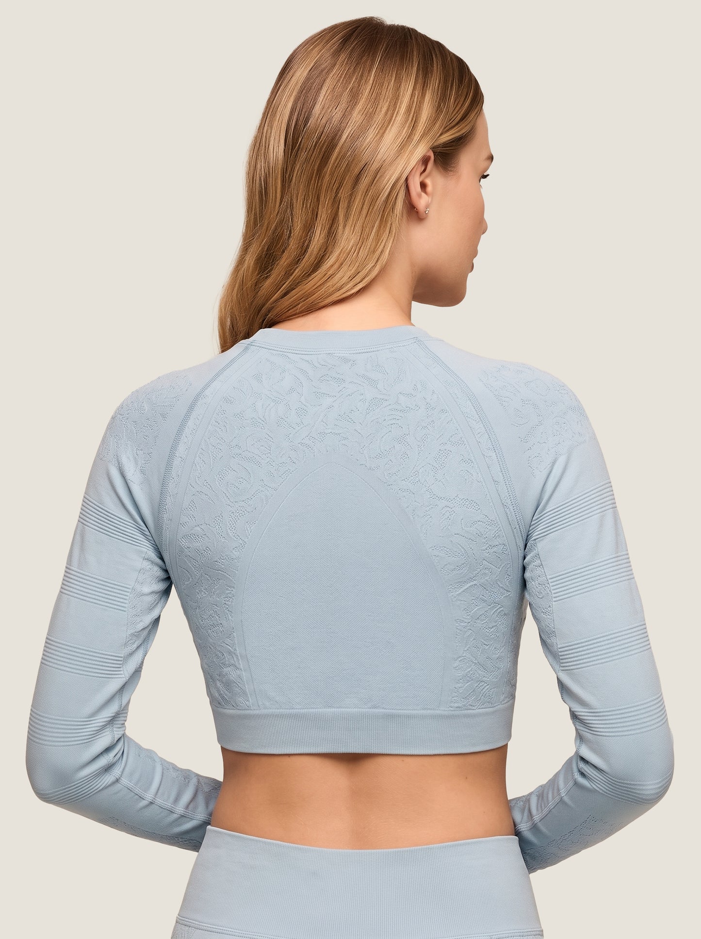Floral Jacquard Long-Sleeve Seamless Crop Top
