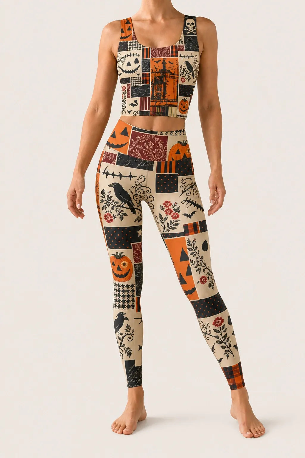 Vintage Halloween Patchwork Sports Bra Set