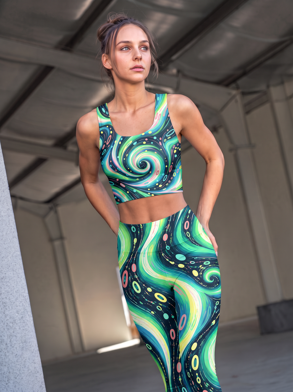 Neon Galaxy Swirl Crop Top Set