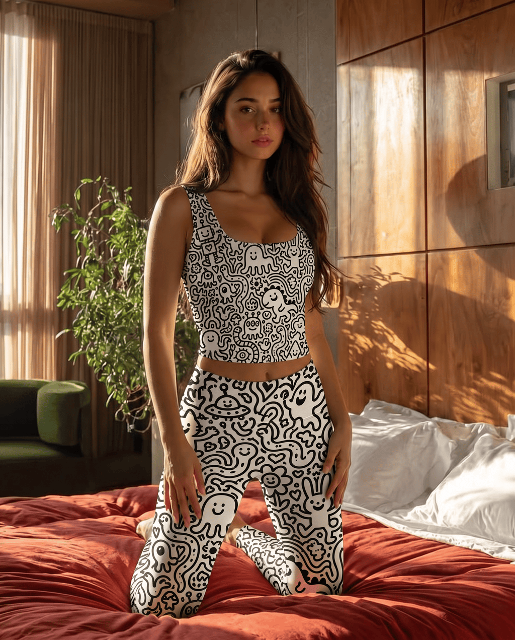 Cute Doodle Monster Graphic Bralette Set