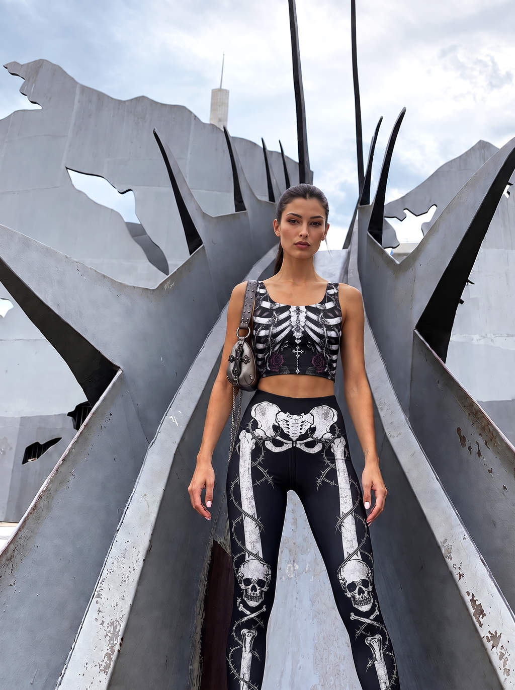 Gothic Skeleton Rose Sports Bra Set