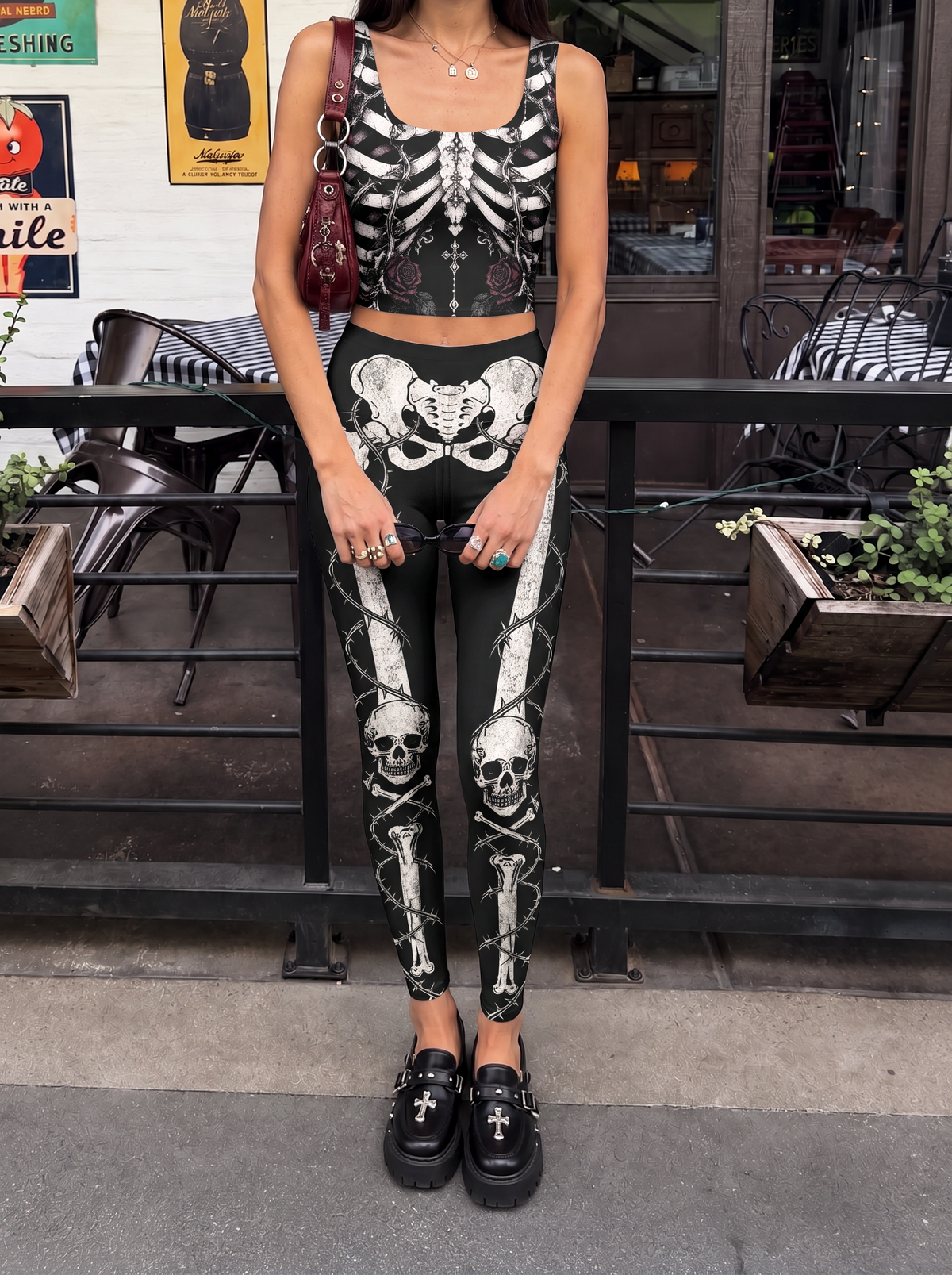 Gothic Skeleton Rose Sports Bra Set