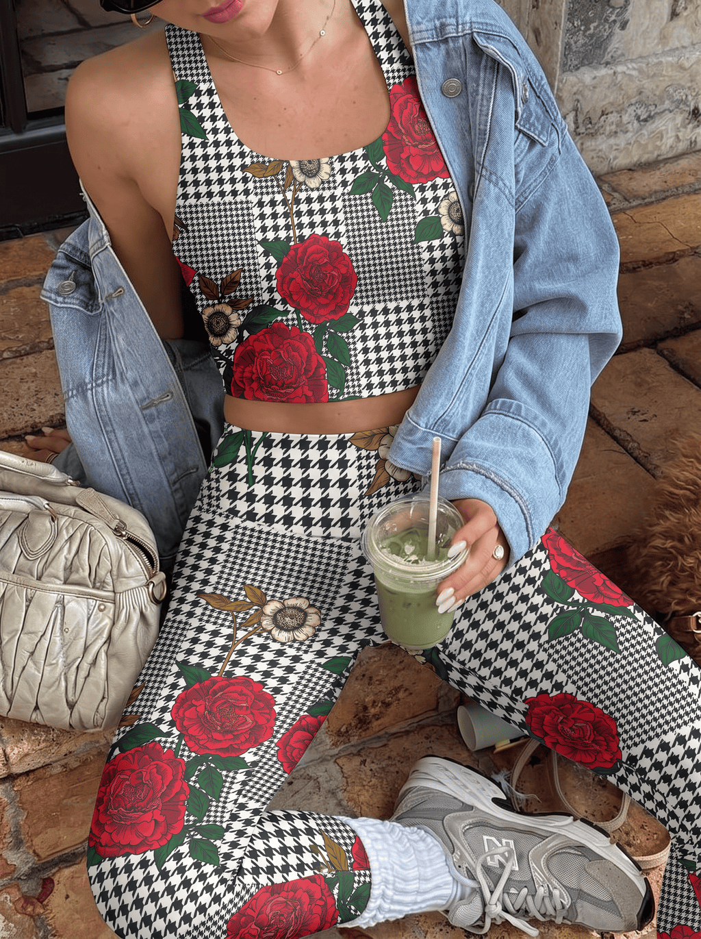 Rose Houndstooth Garden High-Rise Leggings Set