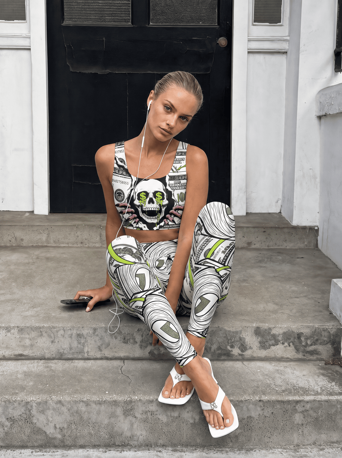 Dollar Skull Graphic Longline Sports Bra Set