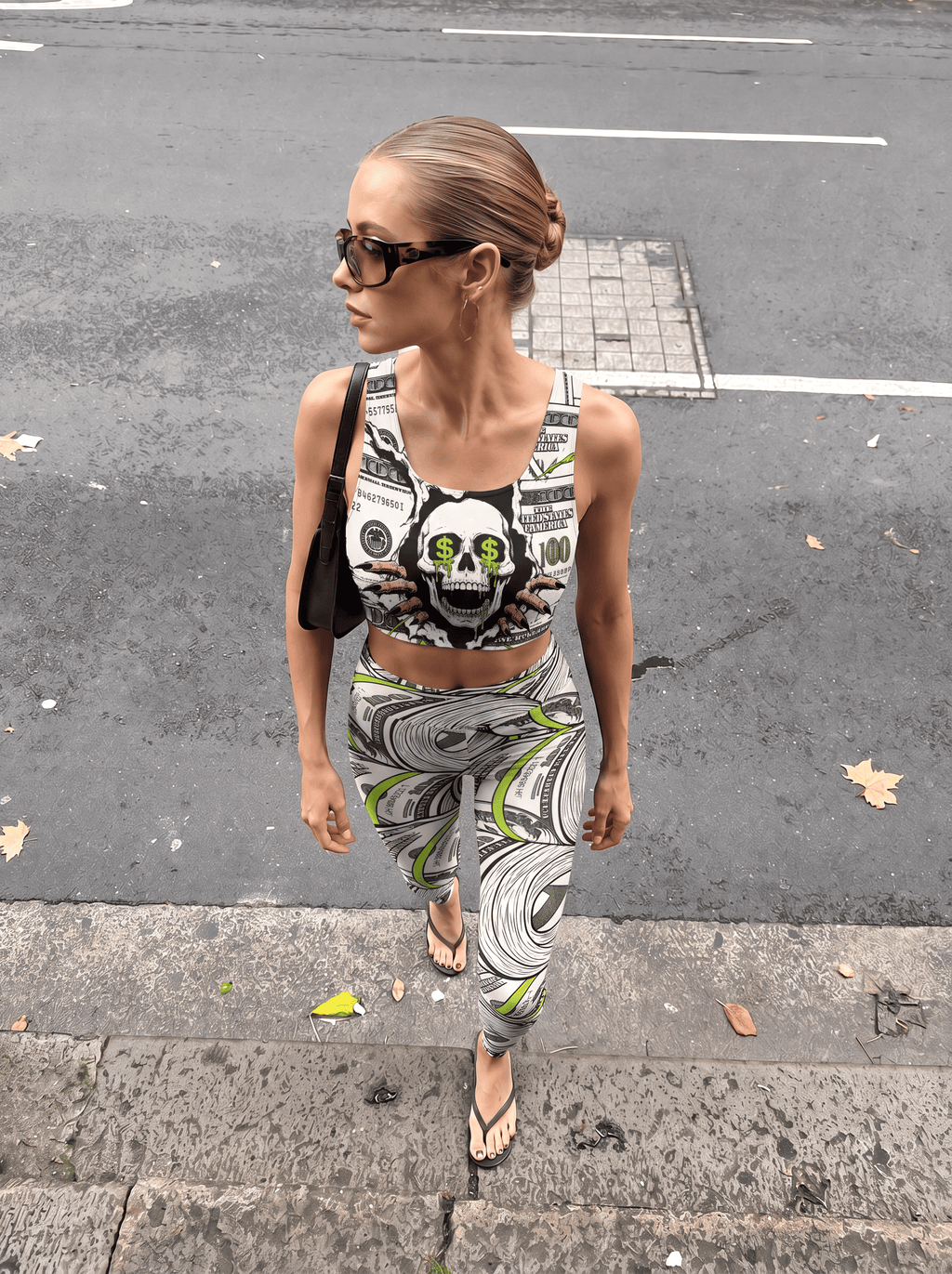 Dollar Skull Graphic Longline Sports Bra Set