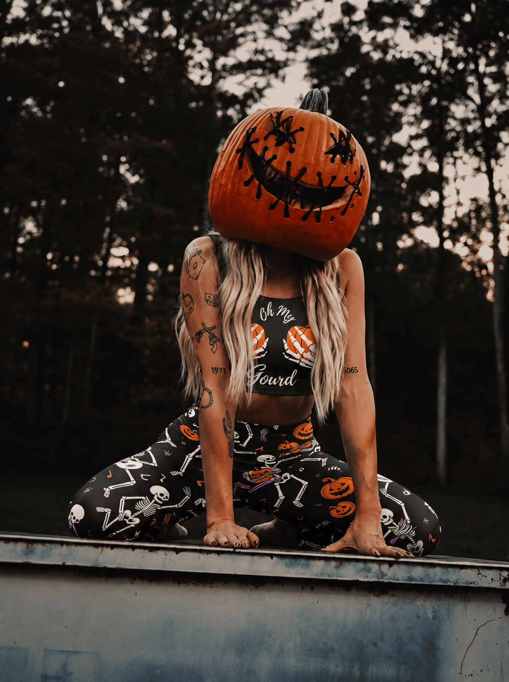 Halloween Pumpkin Skeleton Sports Bra Set