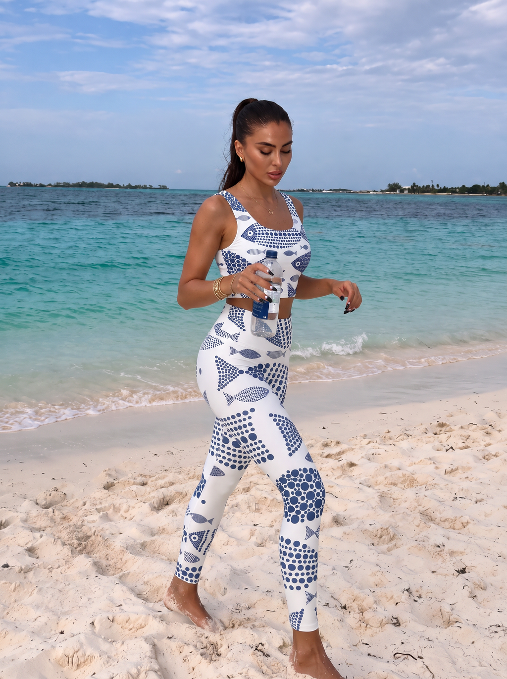 Blue Fish Pattern Sports Bra Set