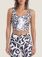 Black White Cat Floral Sports Bra Set