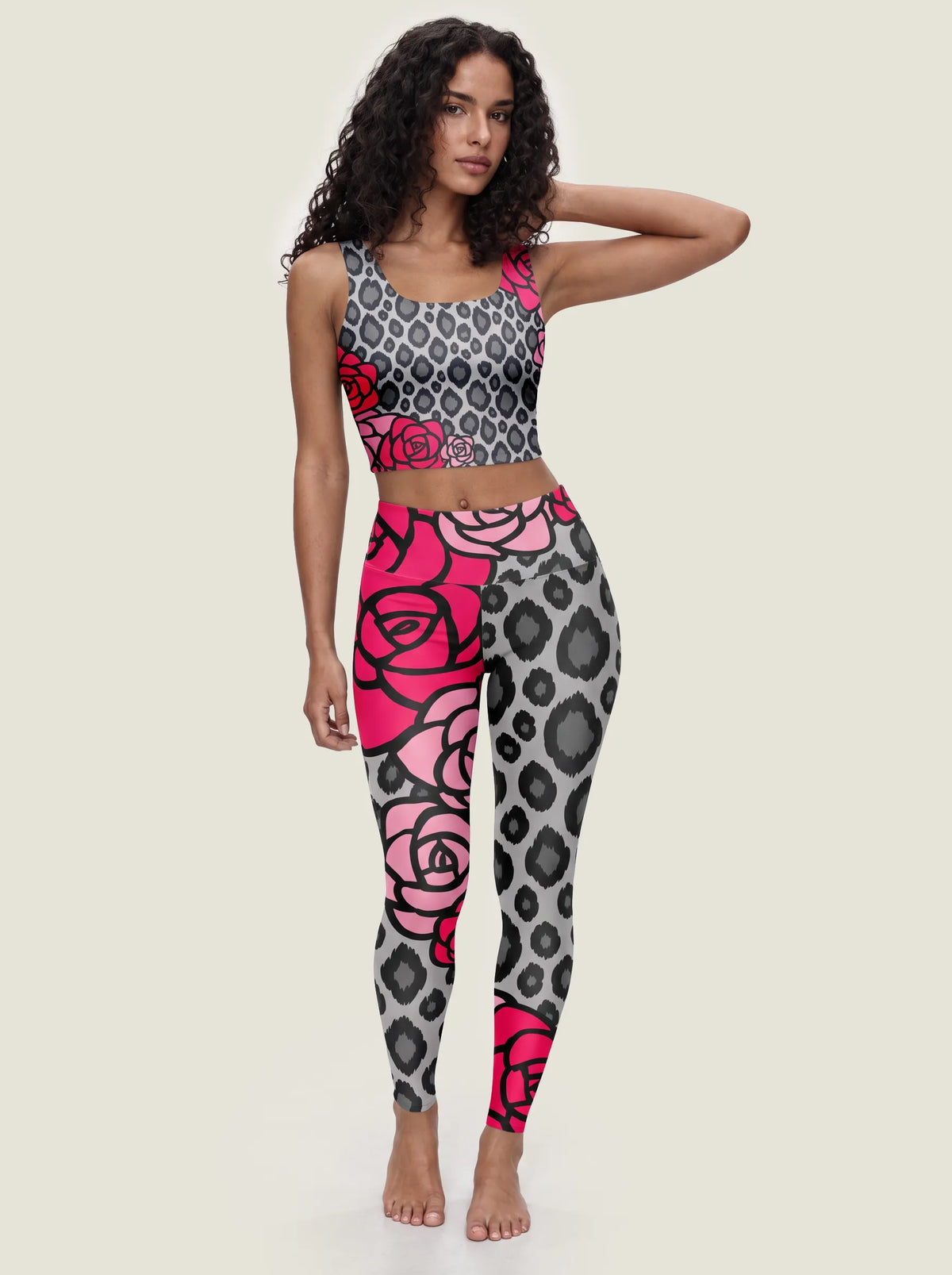 Gray Rose Leopard Sports Bra Set