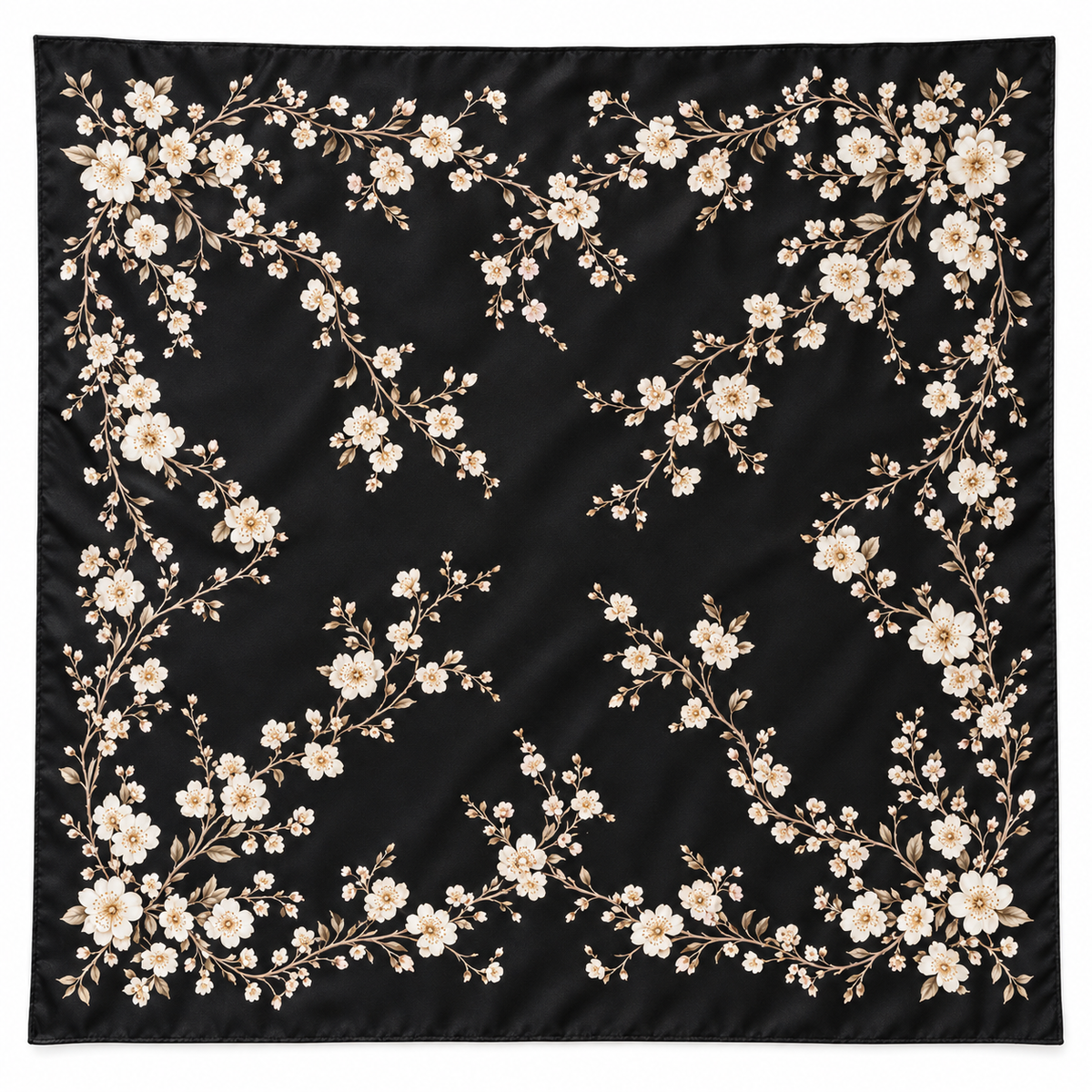 Midnight Cherry Blossom 100% Mulberry Silk Square Scarf