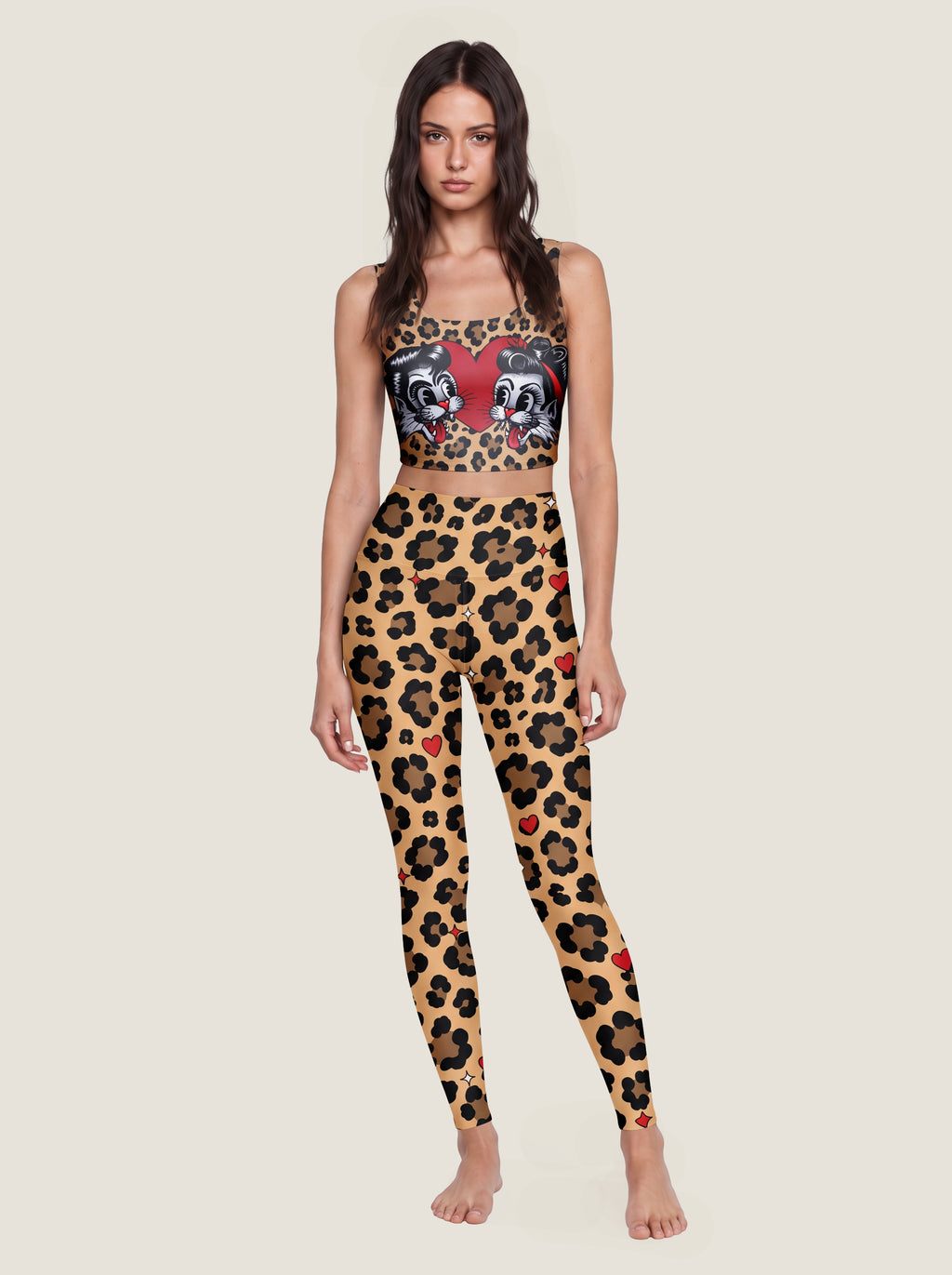 Retro Cat Love Leopard Sports Bra Set