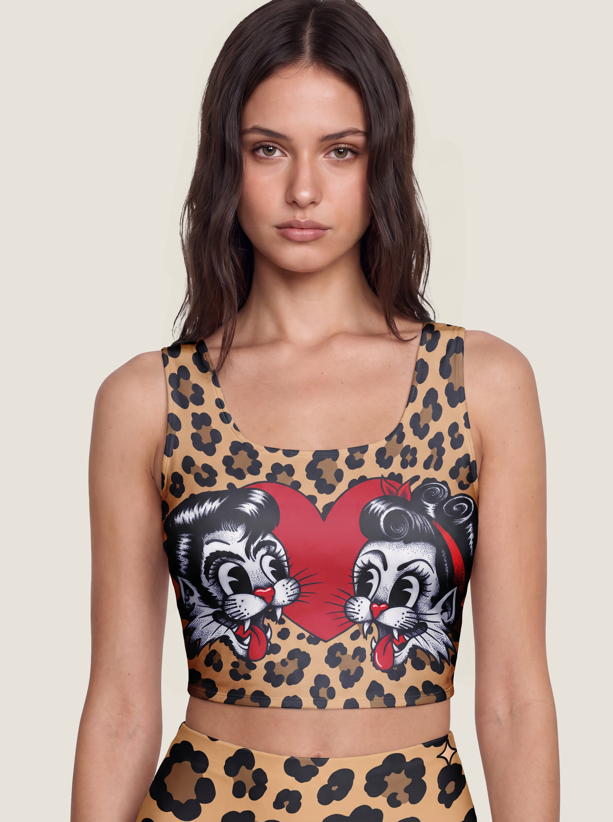 Retro Cat Love Leopard Sports Bra Set