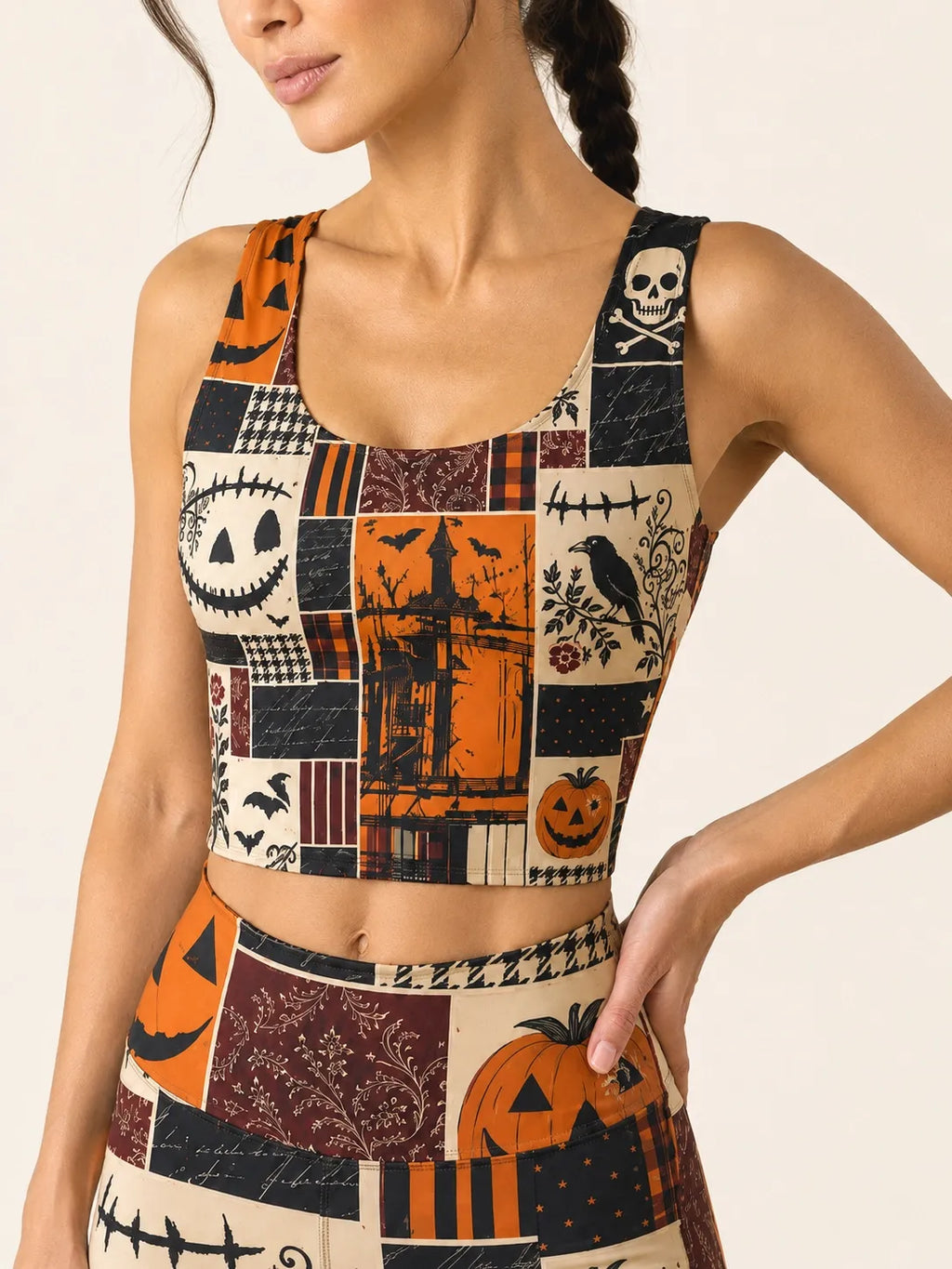 Vintage Halloween Patchwork Sports Bra Set