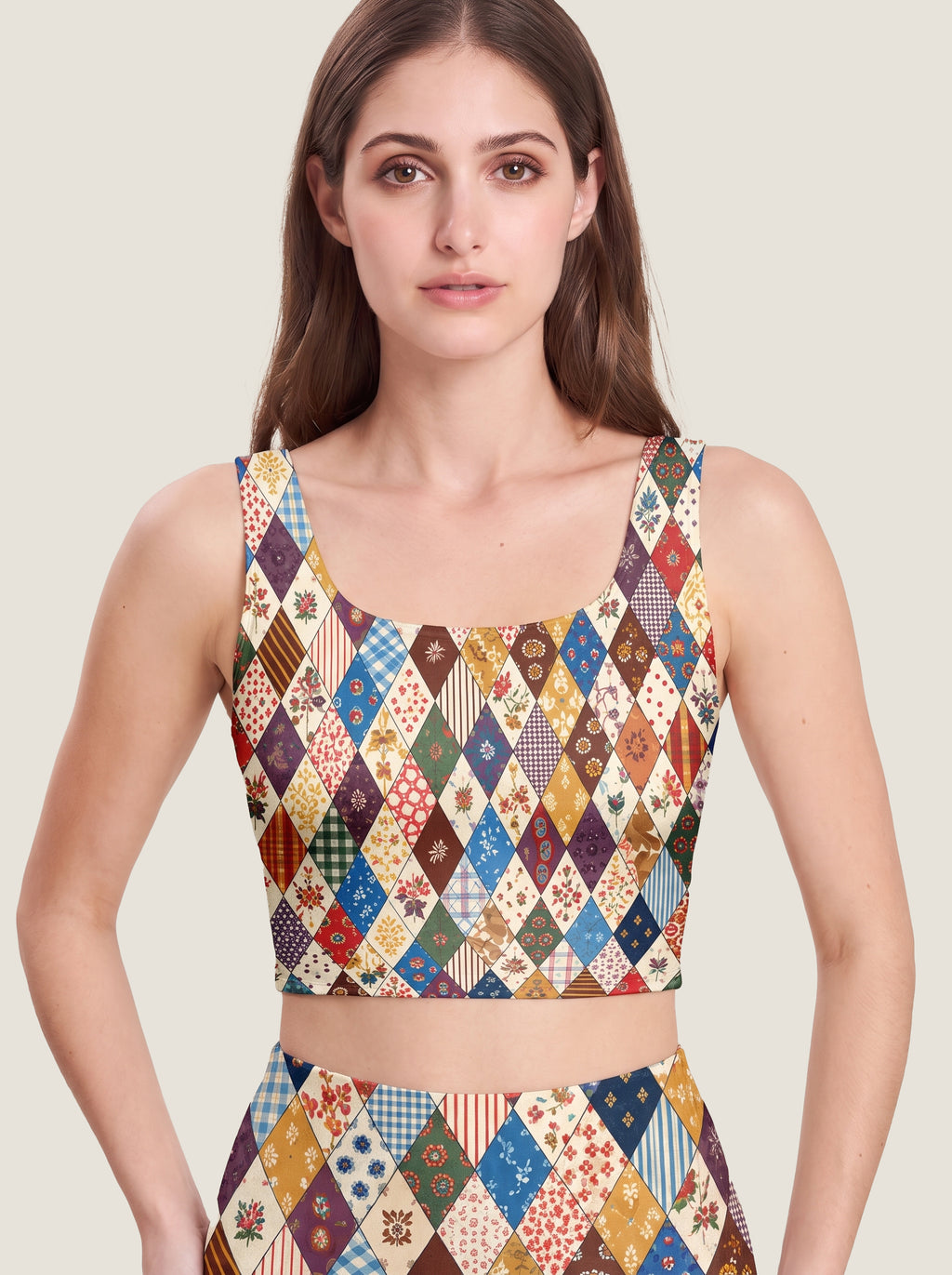 Vintage Patchwork Diamond Crop Top Set