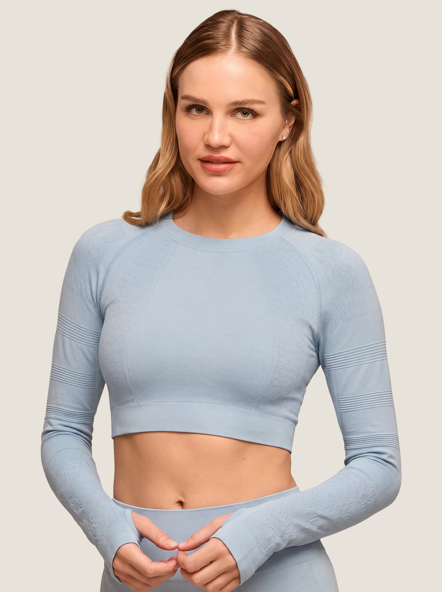 Floral Jacquard Long-Sleeve Seamless Crop Top
