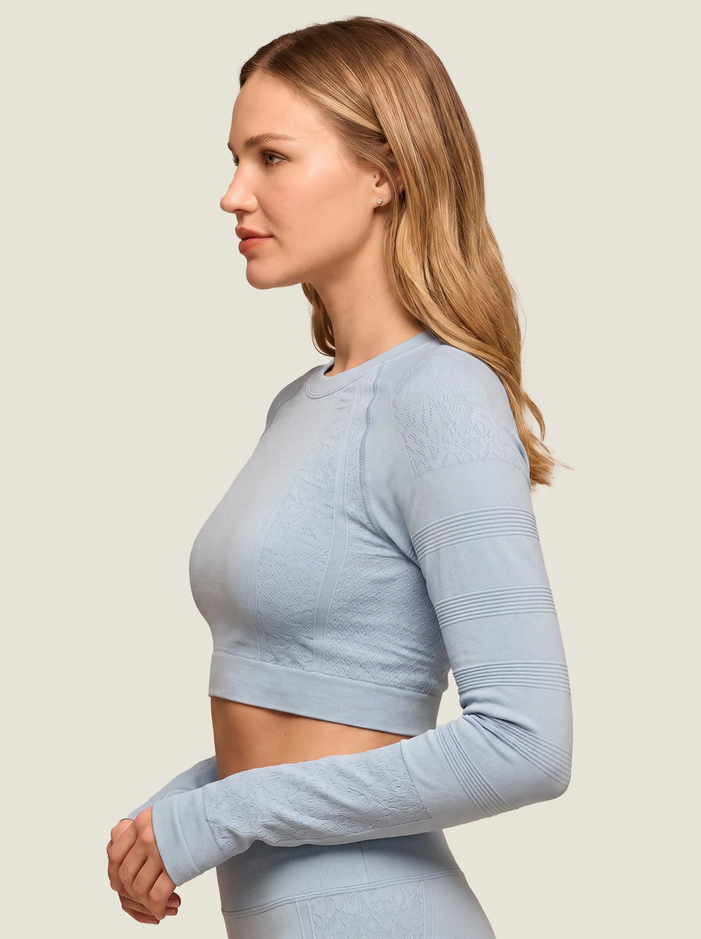 Floral Jacquard Long-Sleeve Seamless Crop Top