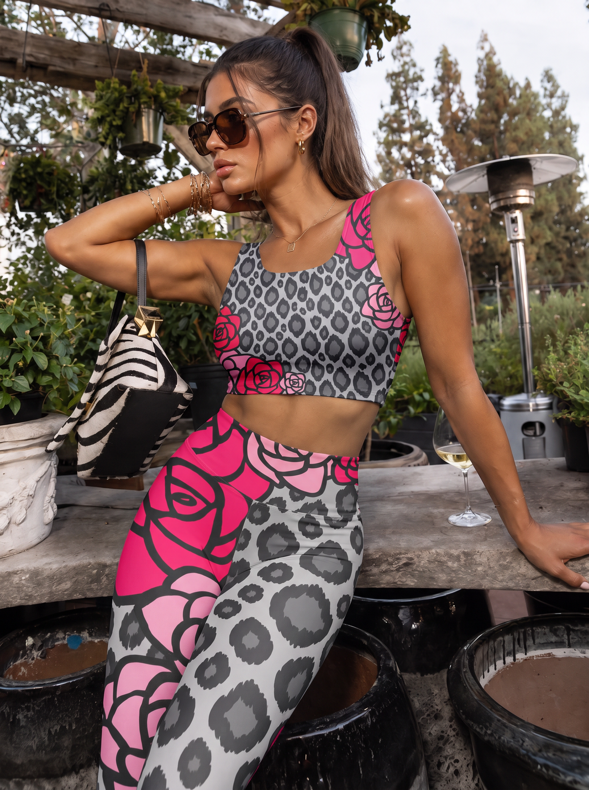 Gray Rose Leopard Sports Bra Set
