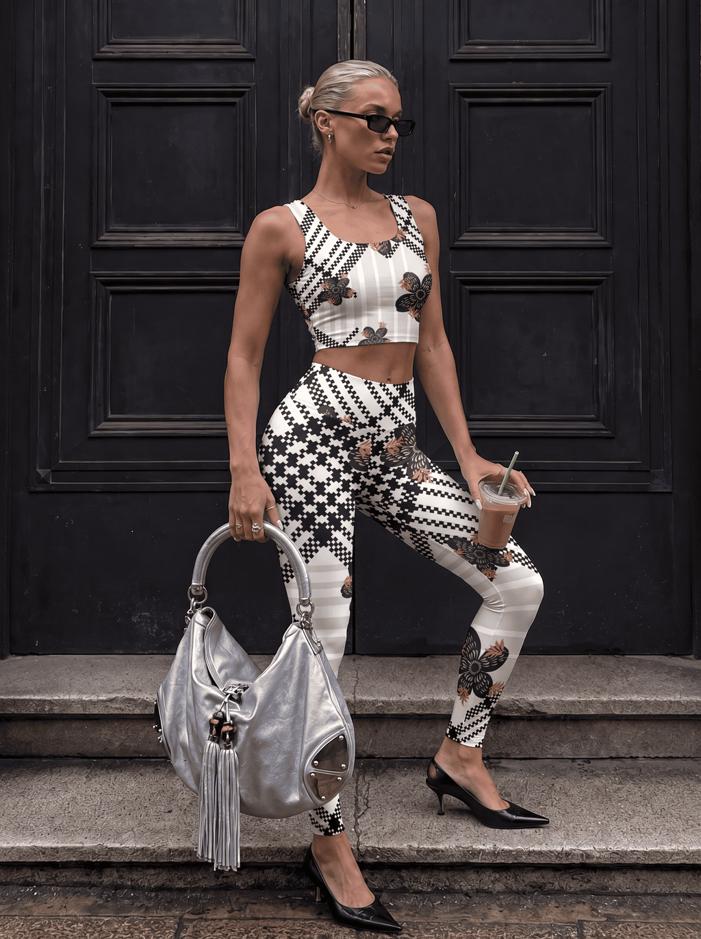 Geometric Floral Stripe Sports Bra Set