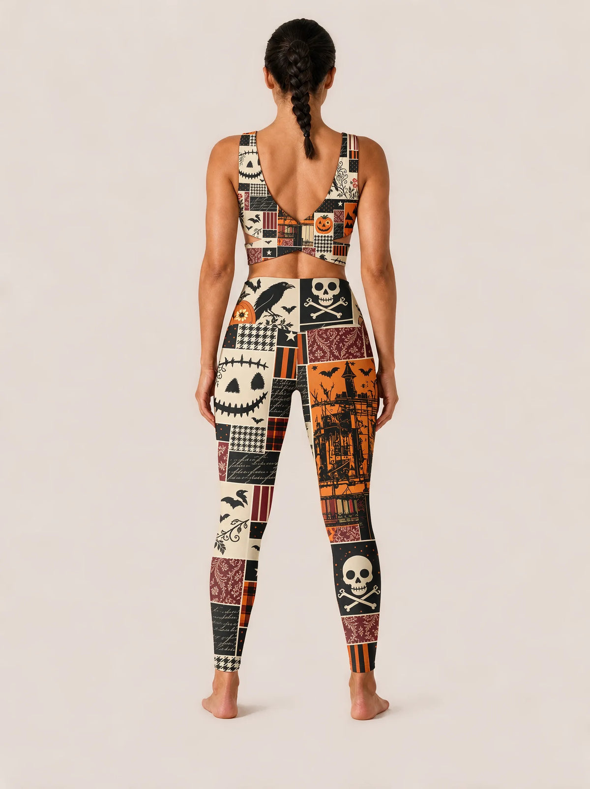 Vintage Halloween Patchwork Sports Bra Set