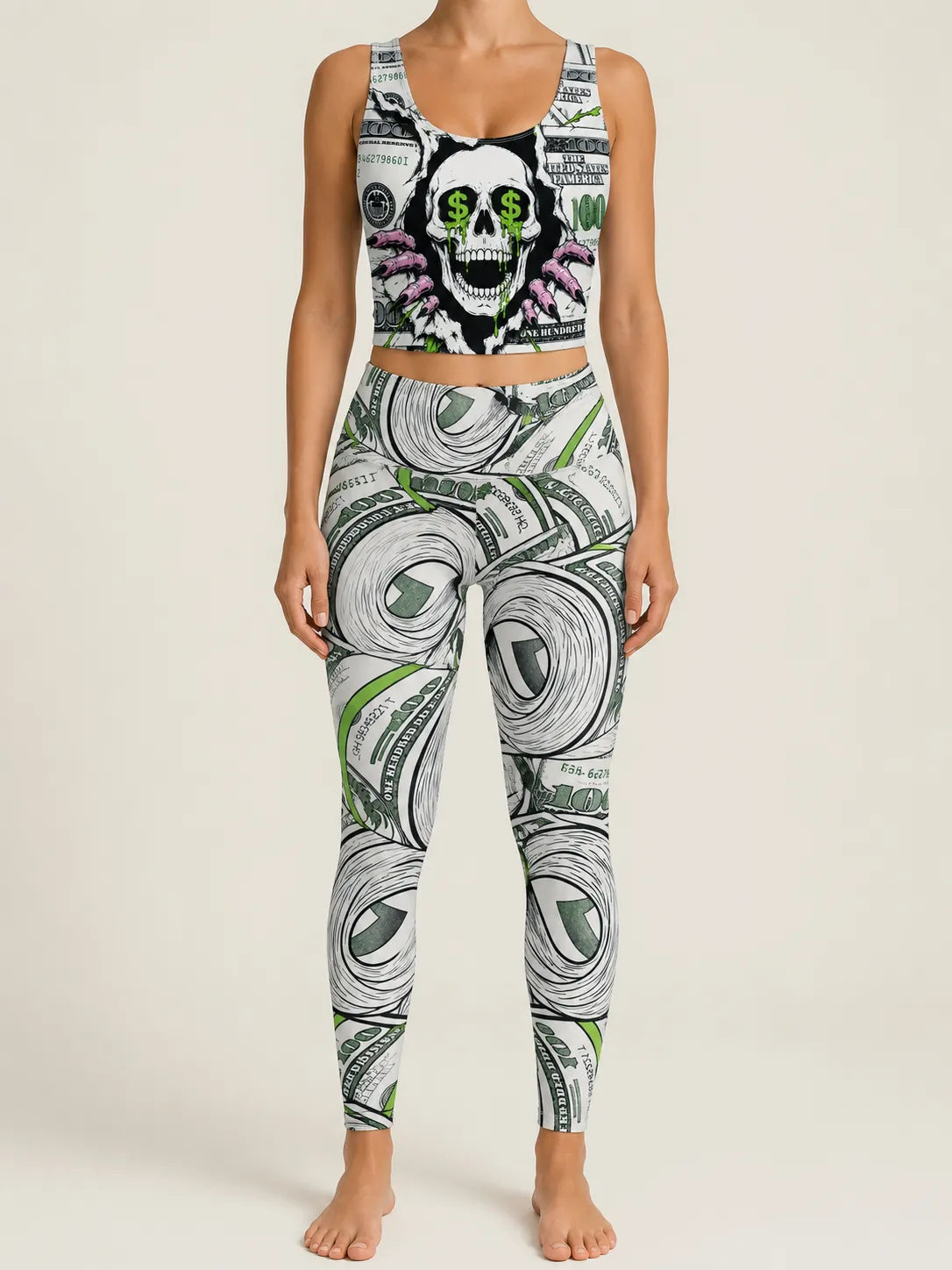 Dollar Skull Graphic Longline Sports Bra Set