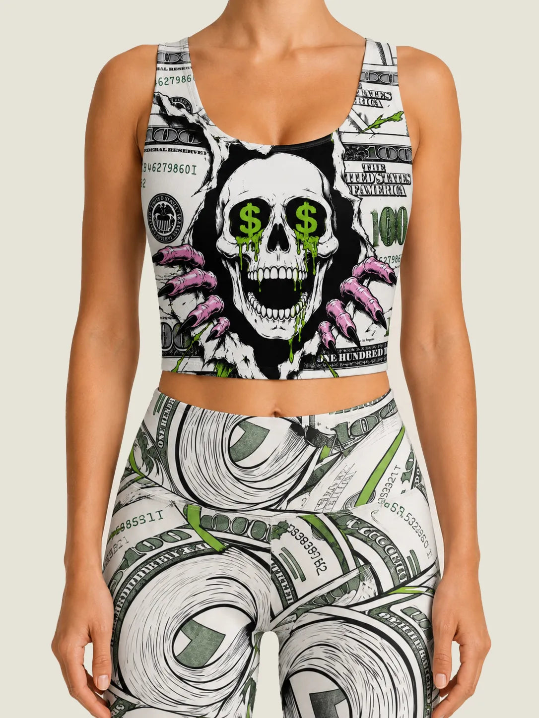 Dollar Skull Graphic Longline Sports Bra Set