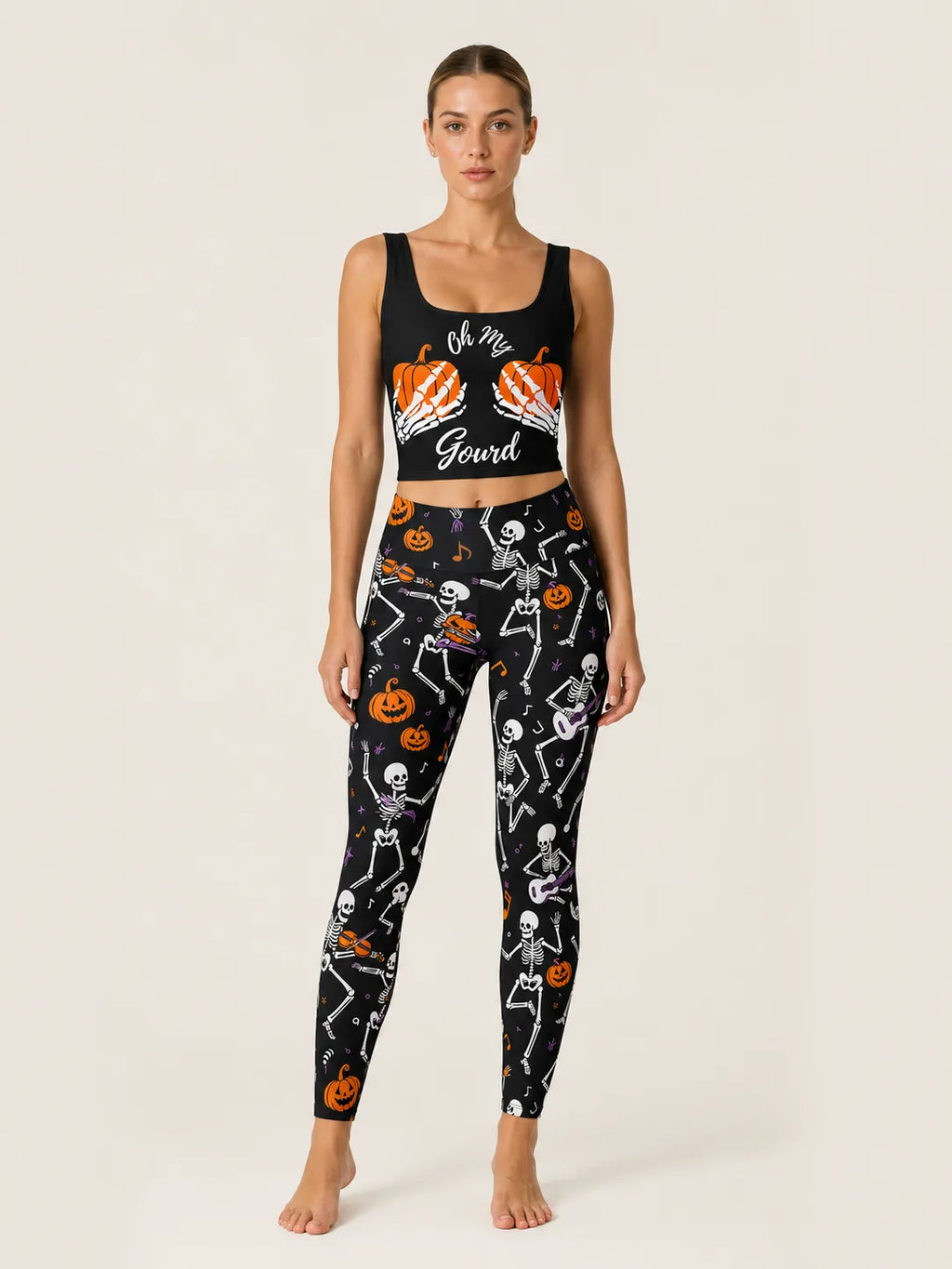 Halloween Pumpkin Skeleton Sports Bra Set