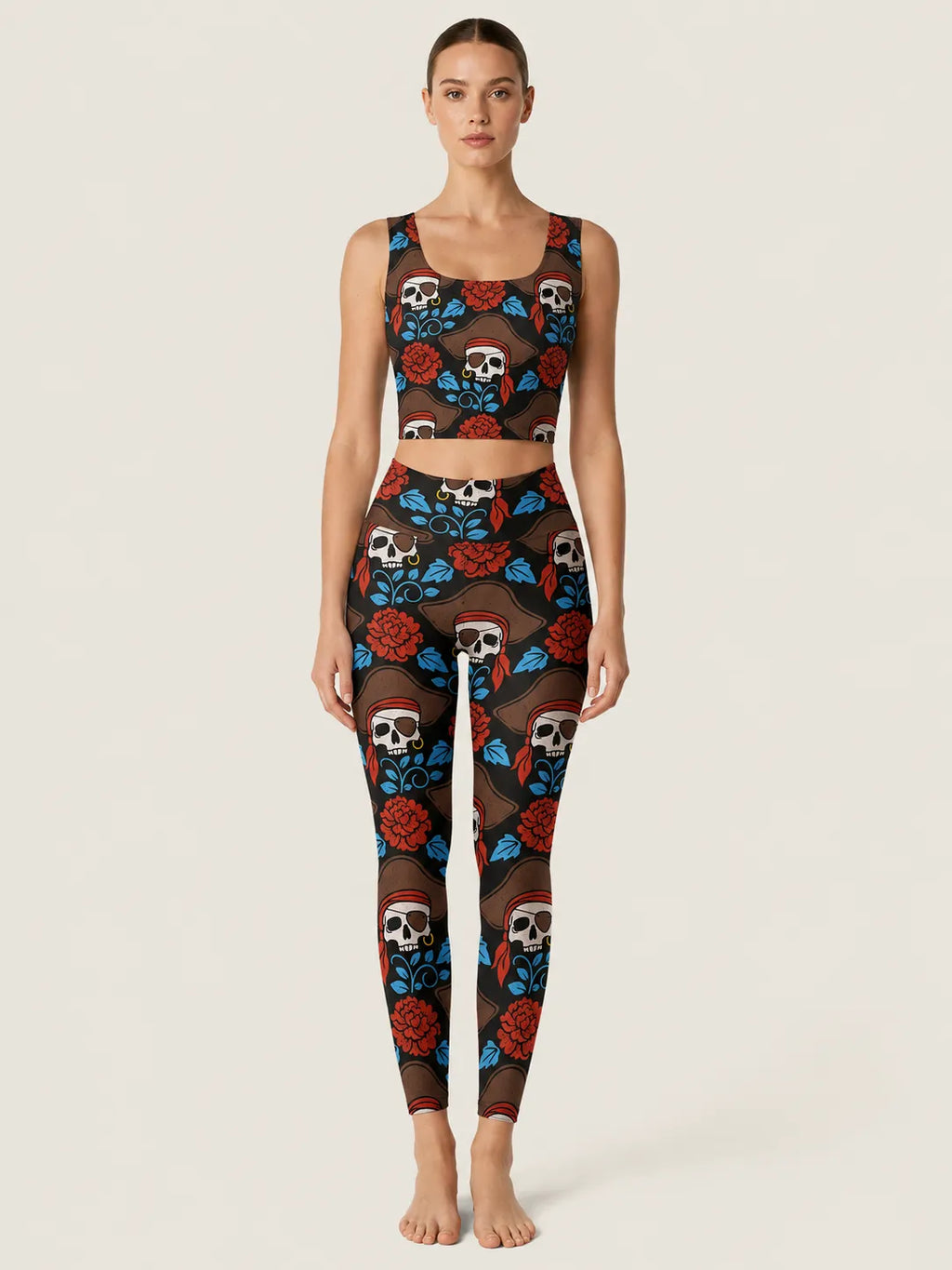 Pirate Skull Floral Sports Bra Set