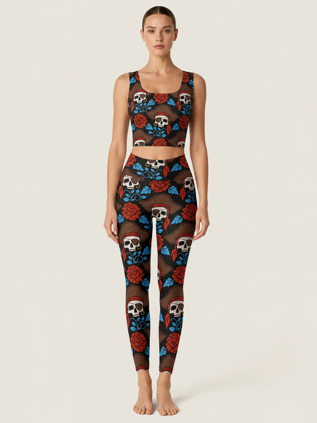 Pirate Skull Floral Sports Bra Set