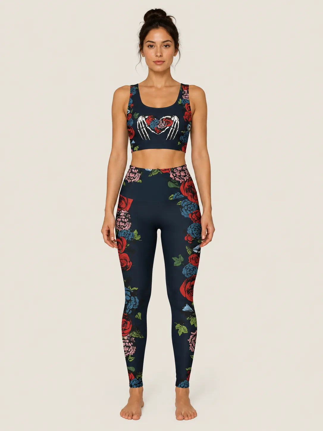 Gothic Floral Skeleton Hands Sports Bra Set