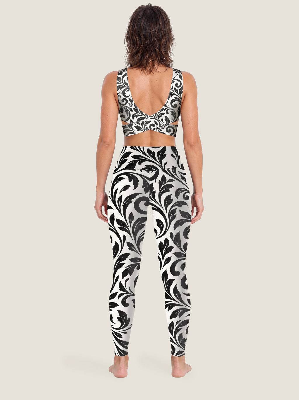 Black White Cat Floral Sports Bra Set