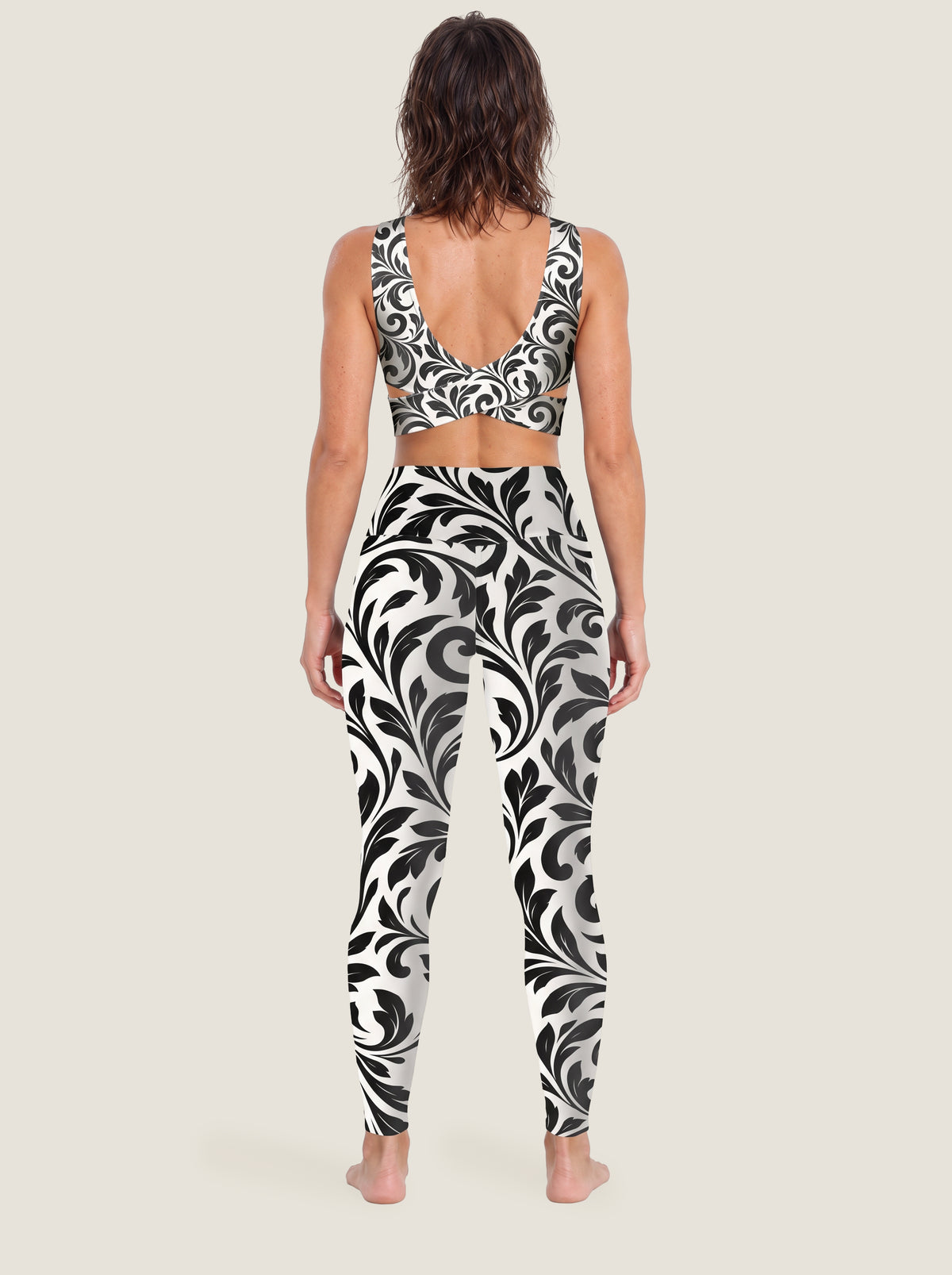 Black White Cat Floral Sports Bra Set
