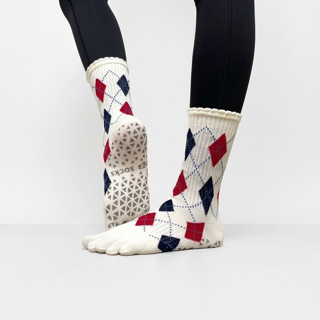 One Size Argyle Five-Toe Grip Yoga Crew Socks