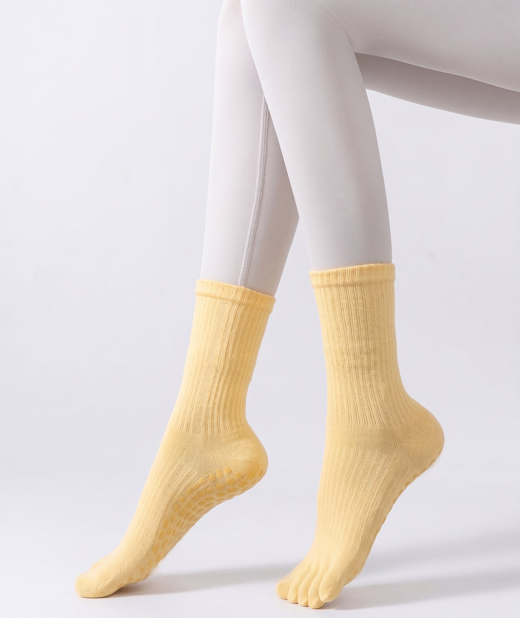 One Size Solid Five-Toe Grip Yoga Crew Socks