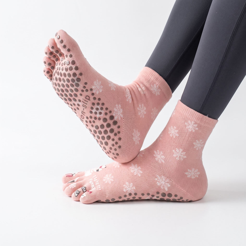 One Size Snowflake Cartoon Five-Toe Grip Crew Socks