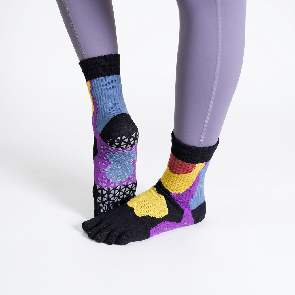 One Size Colorblock Five-Toe Grip Yoga Crew Socks