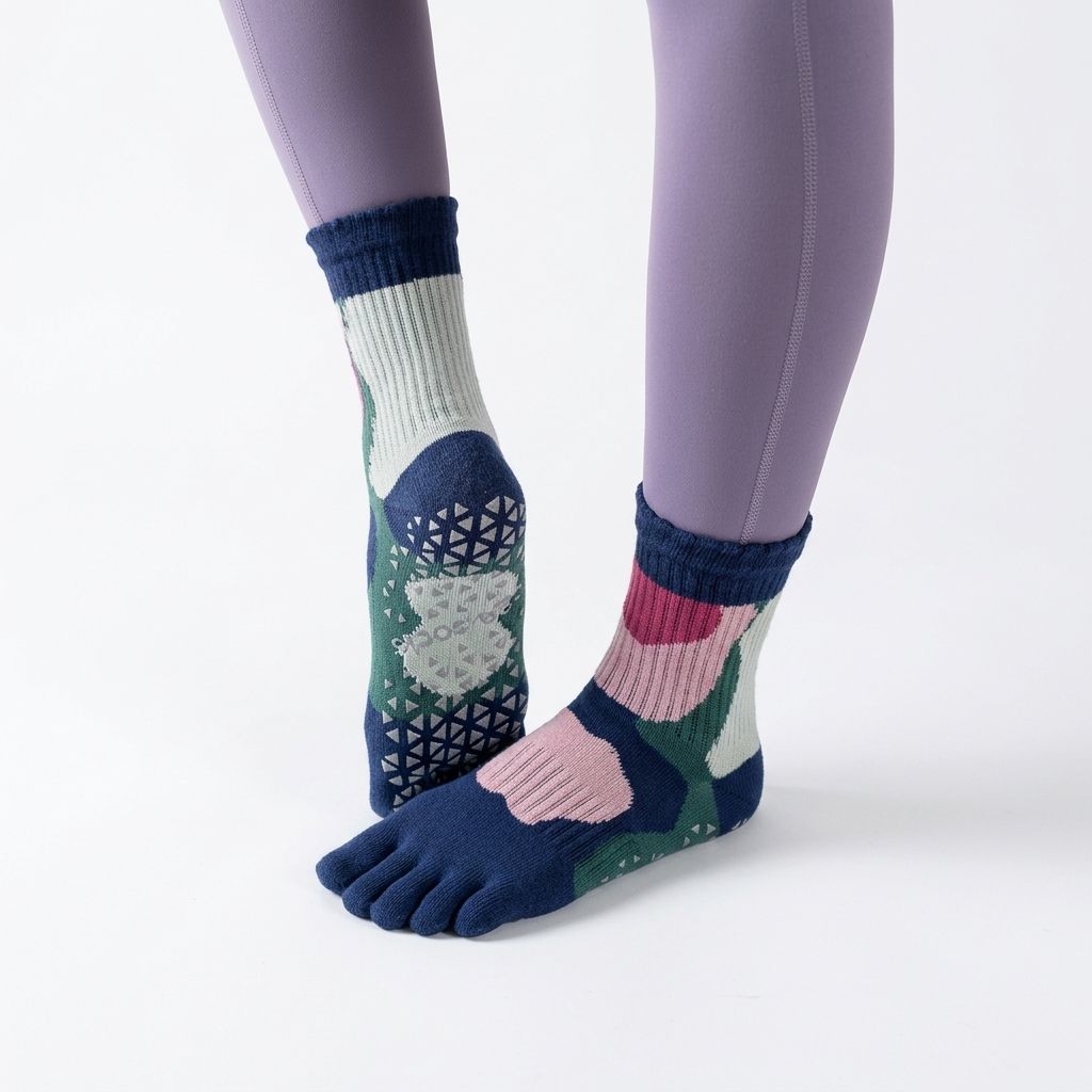 One Size Colorblock Five-Toe Grip Yoga Crew Socks