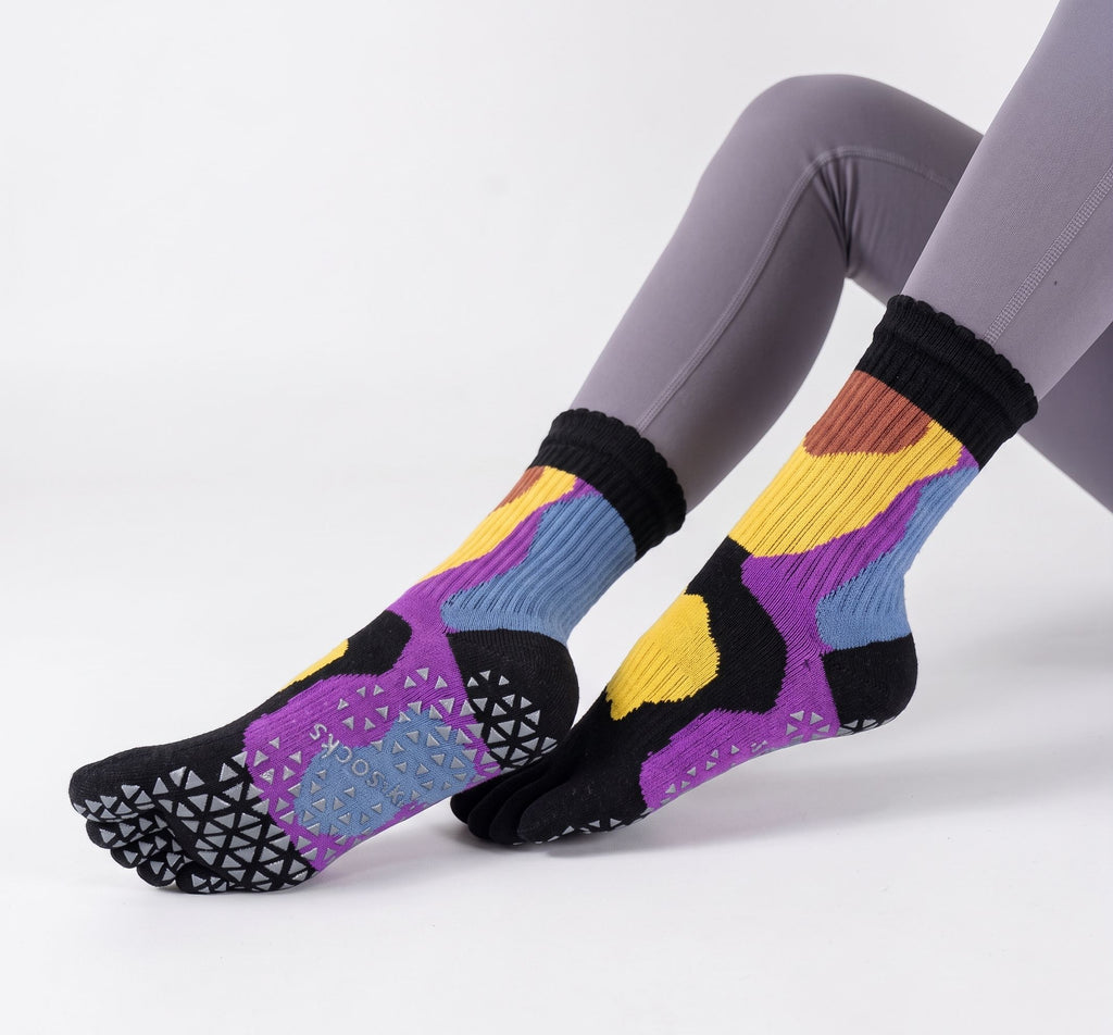One Size Colorblock Five-Toe Grip Yoga Crew Socks
