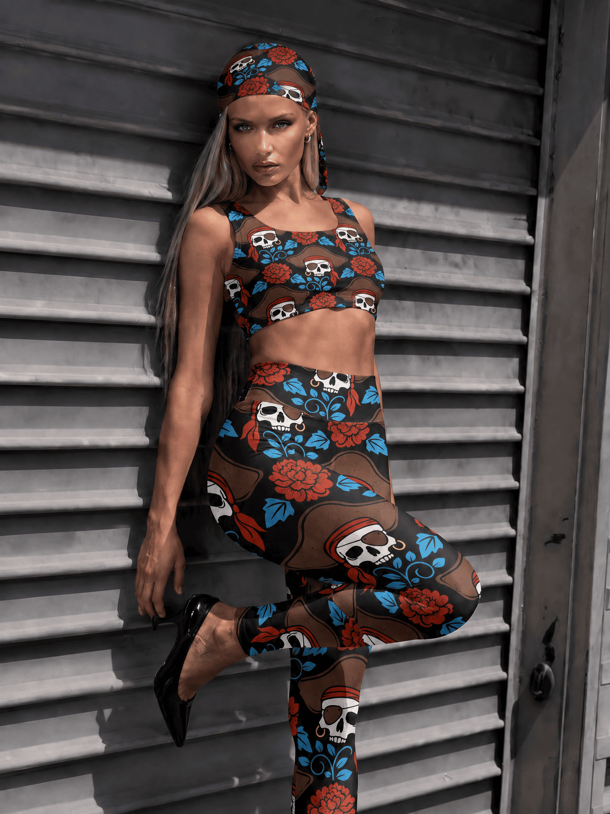 Pirate Skull Floral Sports Bra Set