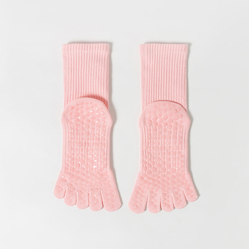 One Size Solid Five-Toe Grip Yoga Crew Socks