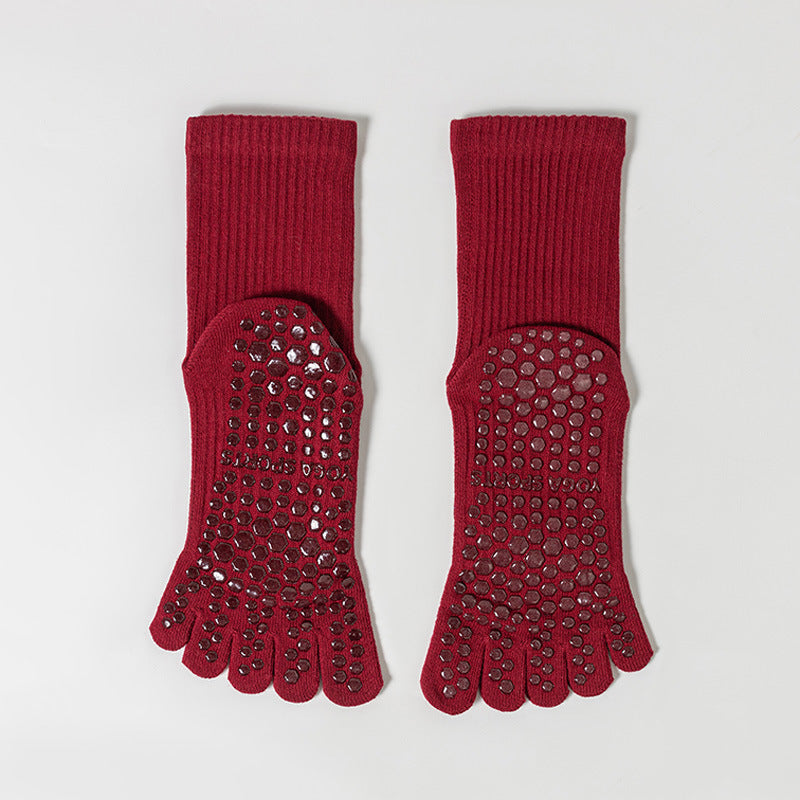One Size Solid Five-Toe Grip Yoga Crew Socks