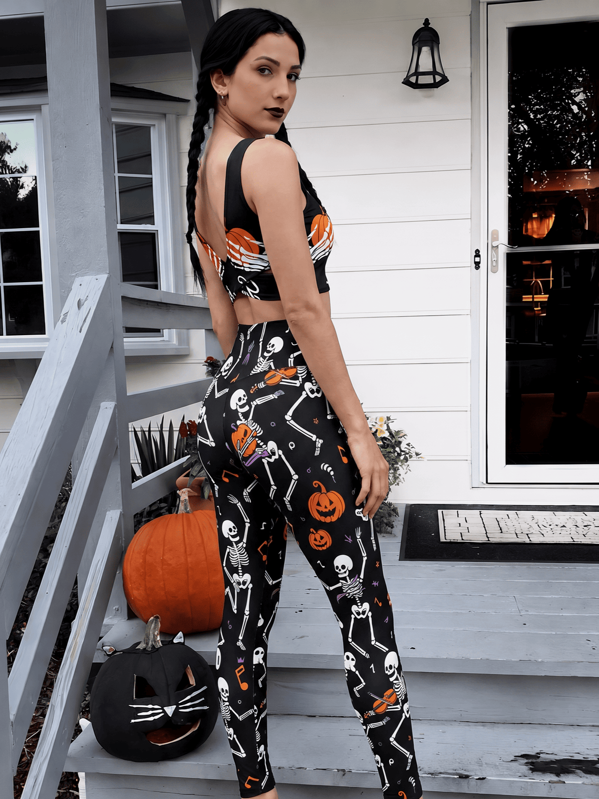 Halloween Pumpkin Skeleton Sports Bra Set