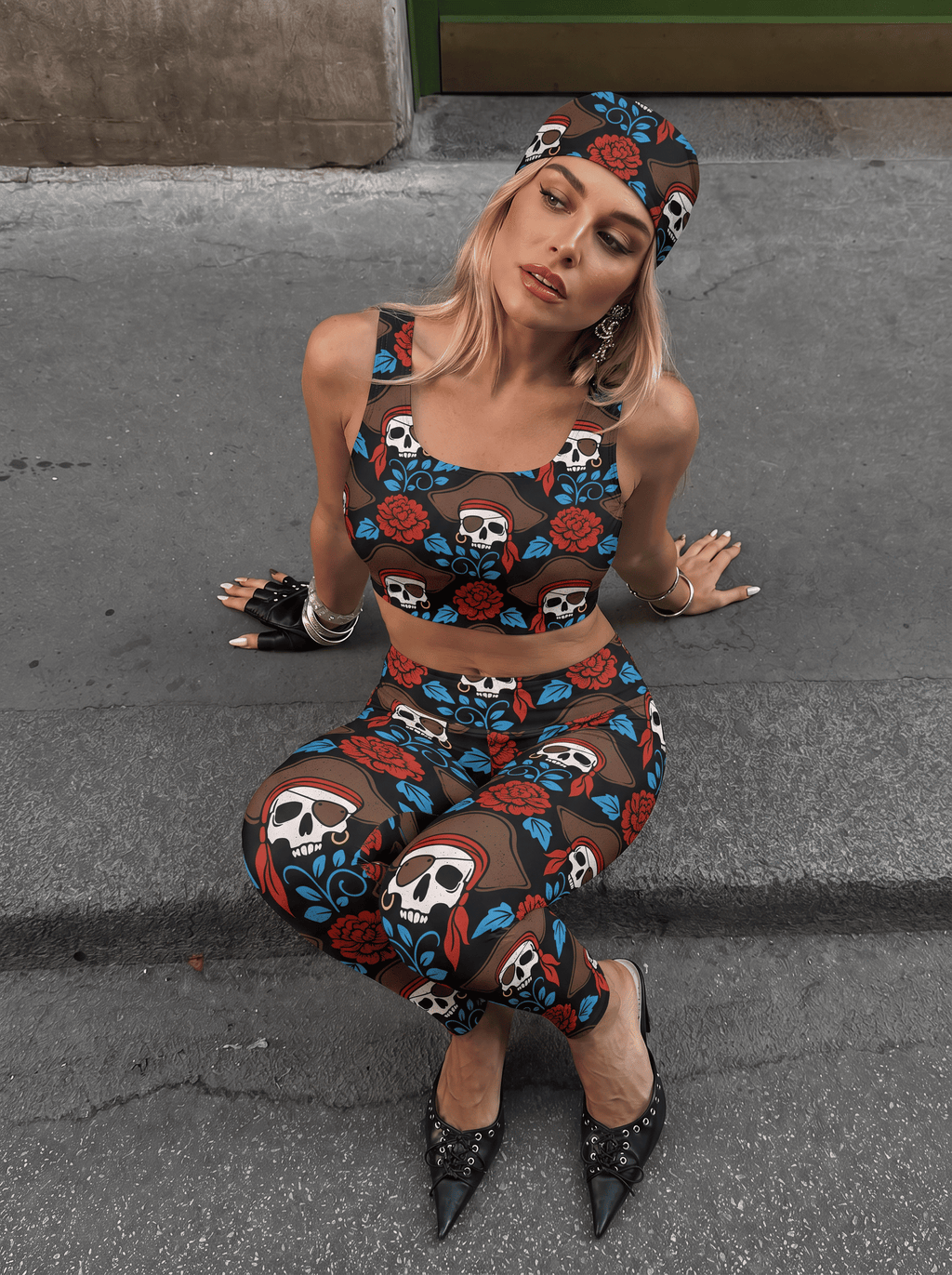 Pirate Skull Floral Sports Bra Set