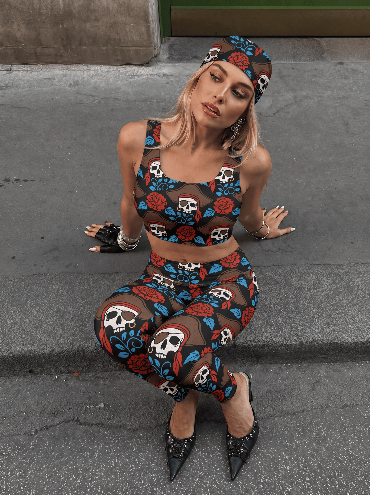 Pirate Skull Floral Sports Bra Set